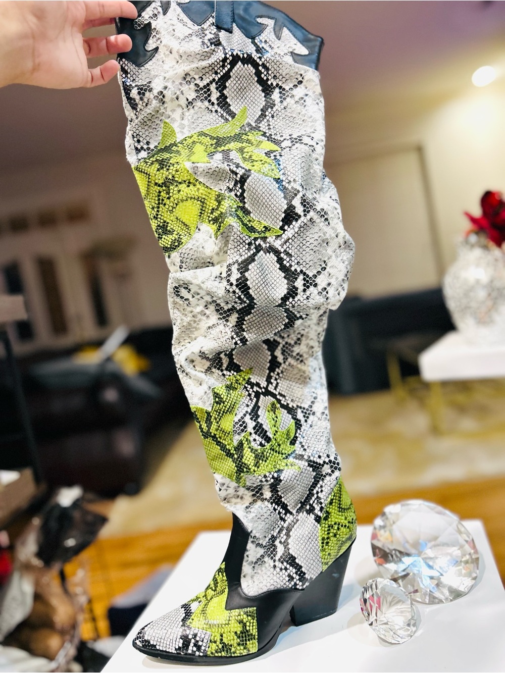 Thigh High Snake-Print Boots - Size 7.5 Women’s White, Black & Lime